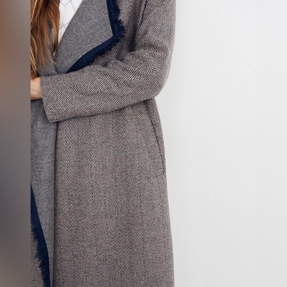 Madewell Fringed Herringbone Robe Coat Large XL gray navy wool blend open light - Picture 3 of 16